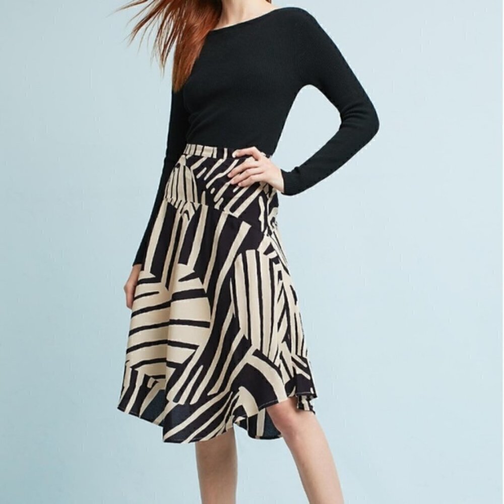 Anthropologie Maeve Ava Zebra Heart Cream & Blue Midi Skirt 0